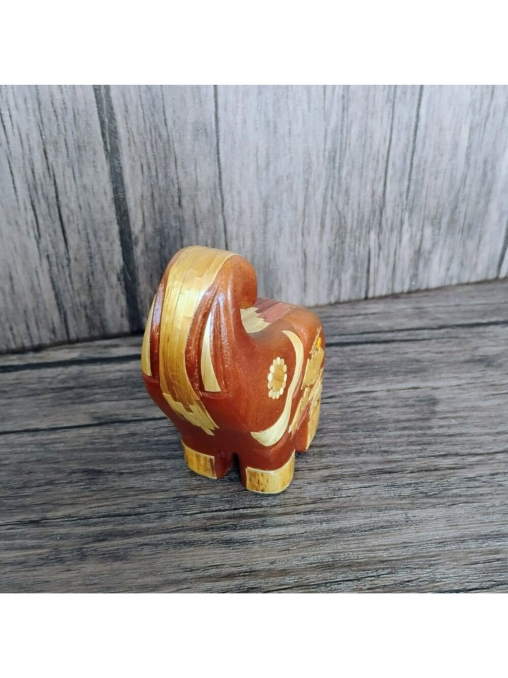 Handcrafted Wooden Elephant Figurine With Ornate Asian Veneer Accents 4", Trunk - Picture 8 of 9